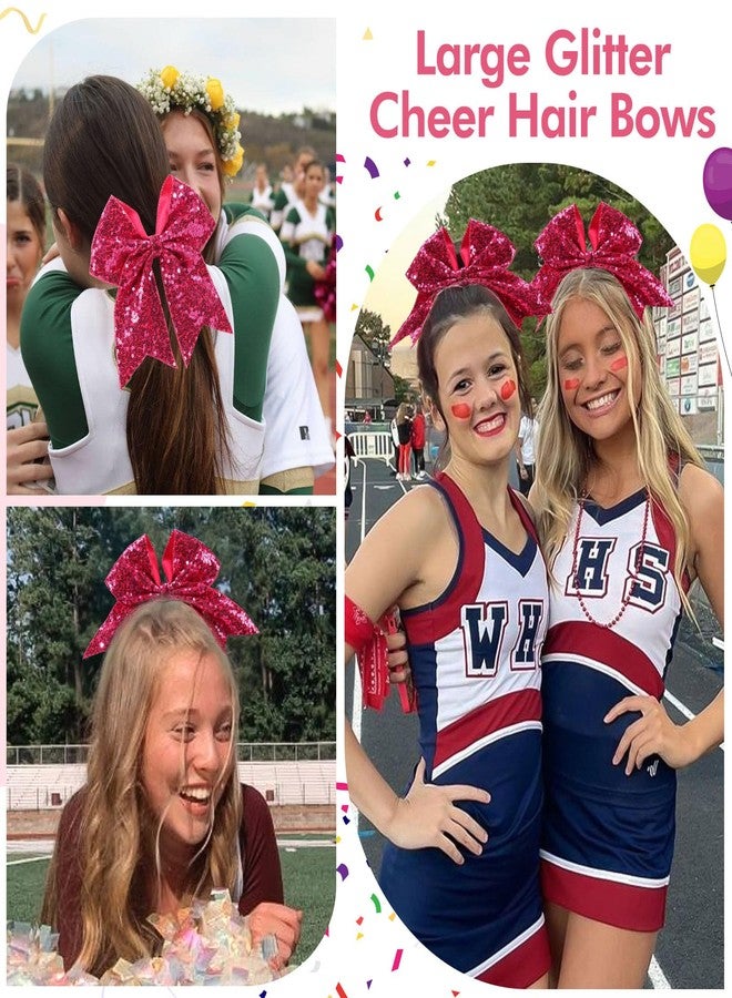 CN 7" Glitter Cheer Hair Bows for Cheerleader Hot Pink Large Ponytail Holder Elastic Band Handmade for Cheerleading Teen Women Girls College Sports 1pcs - Image 4